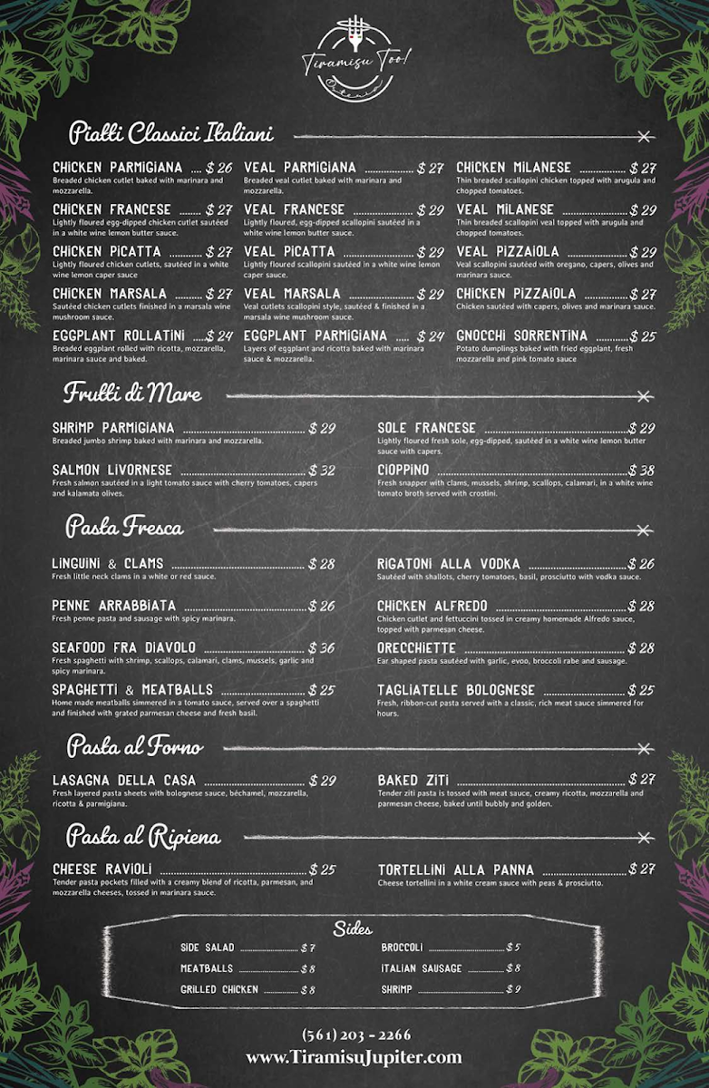 Tiramisu Too Osteria menu board