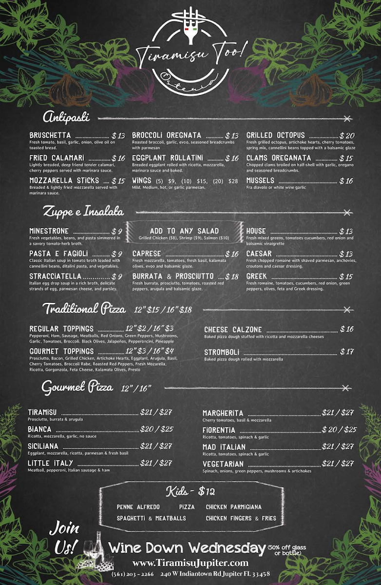 Tiramisu Too Osteria menu board