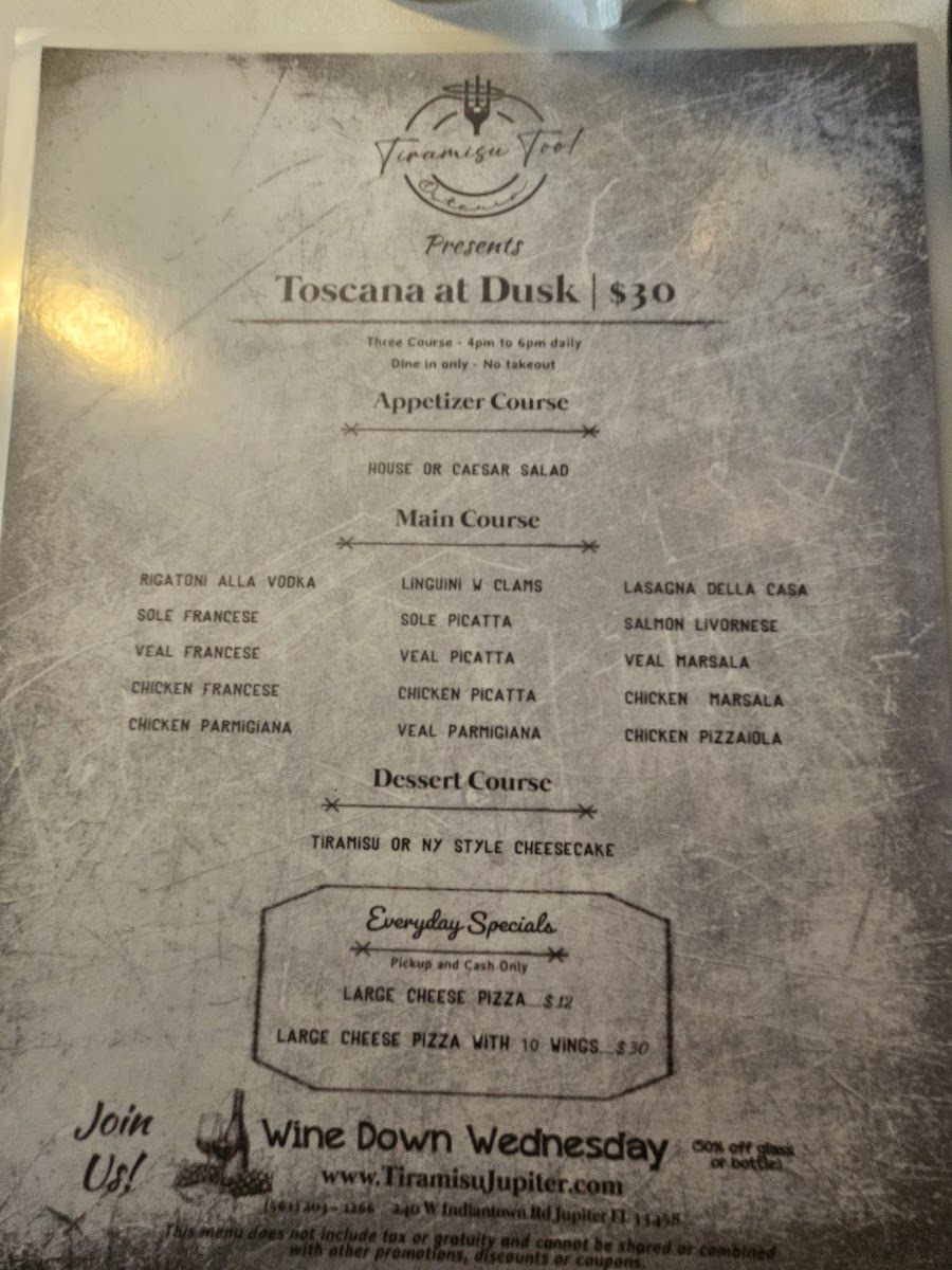 Tiramisu Too Osteria menu board