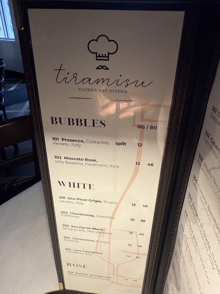 Tiramisu Too Osteria menu board