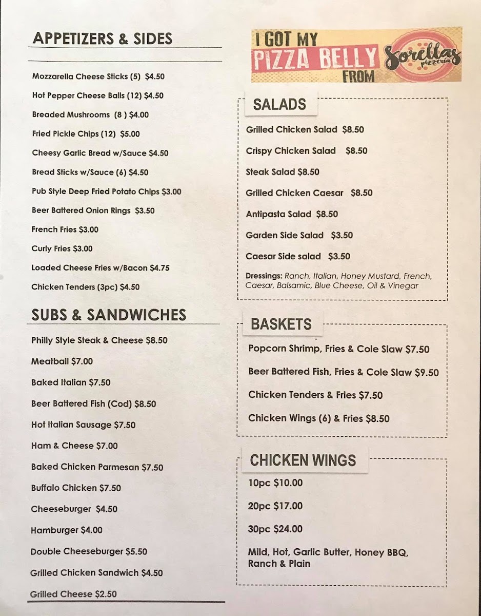 Sorella's Pizzeria menu board