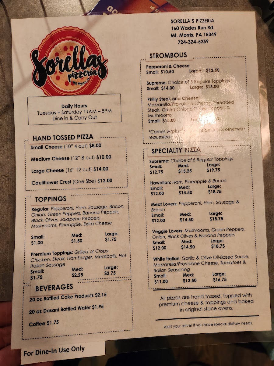 Sorella's Pizzeria menu board