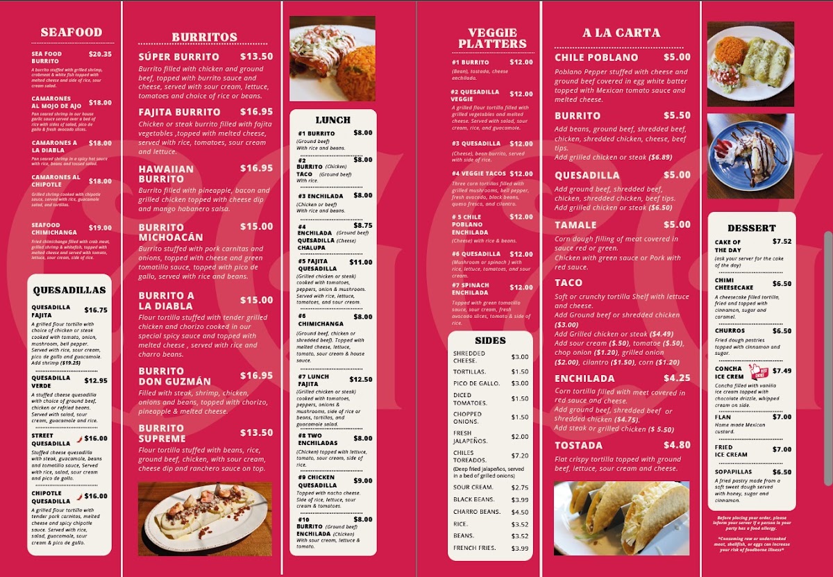 Casona Guzman menu board