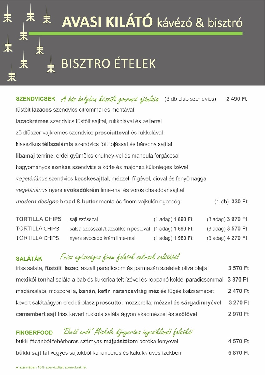 Avasi kilátó kávézó menu board