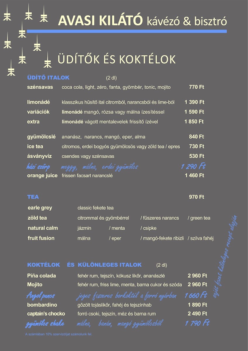 Avasi kilátó kávézó menu board