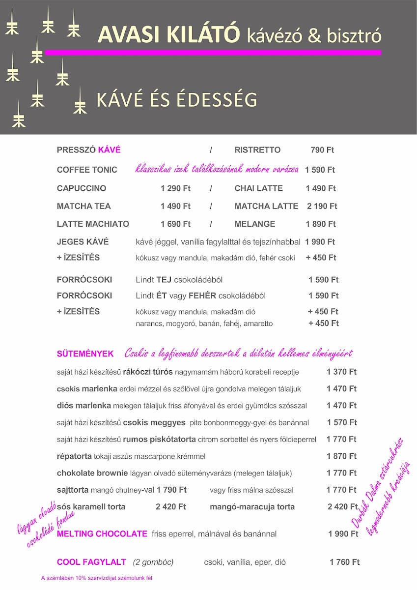 Avasi kilátó kávézó menu board