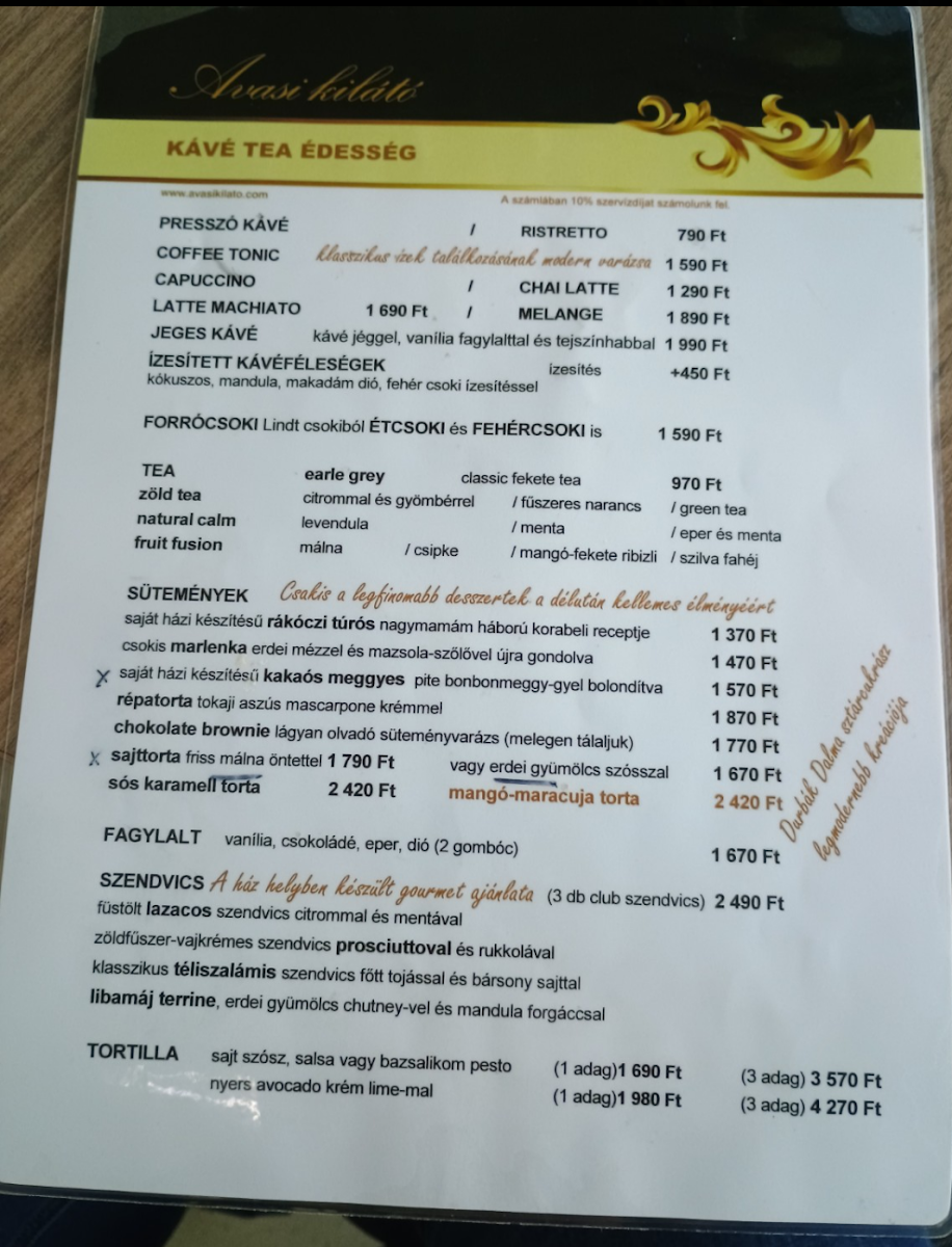 Avasi kilátó kávézó menu board