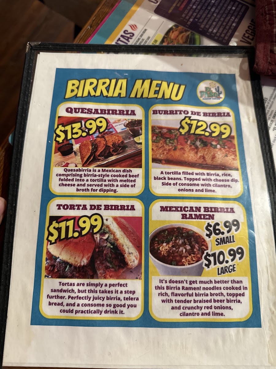 El Paso Mexican Restaurant menu board