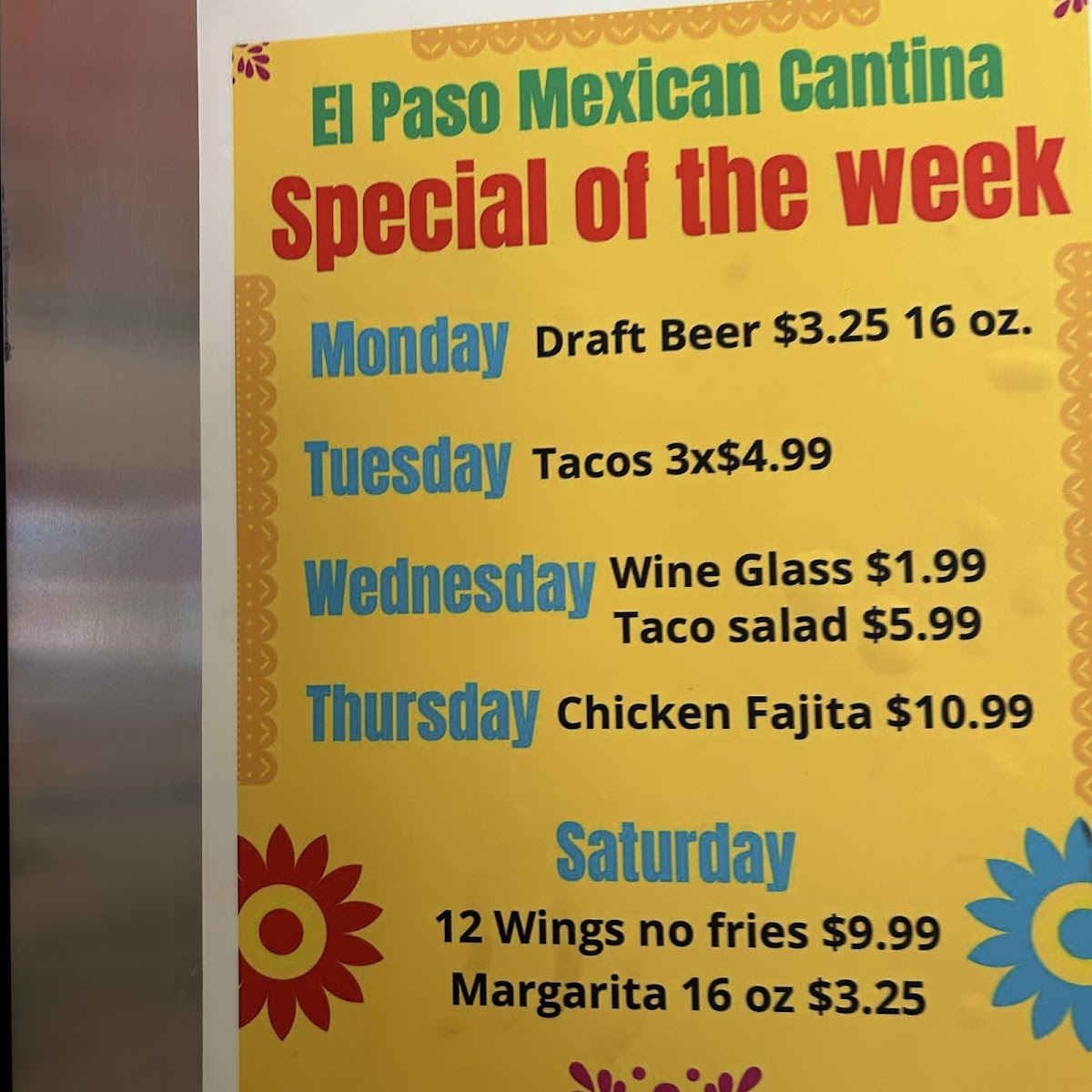 El Paso Mexican Restaurant menu board