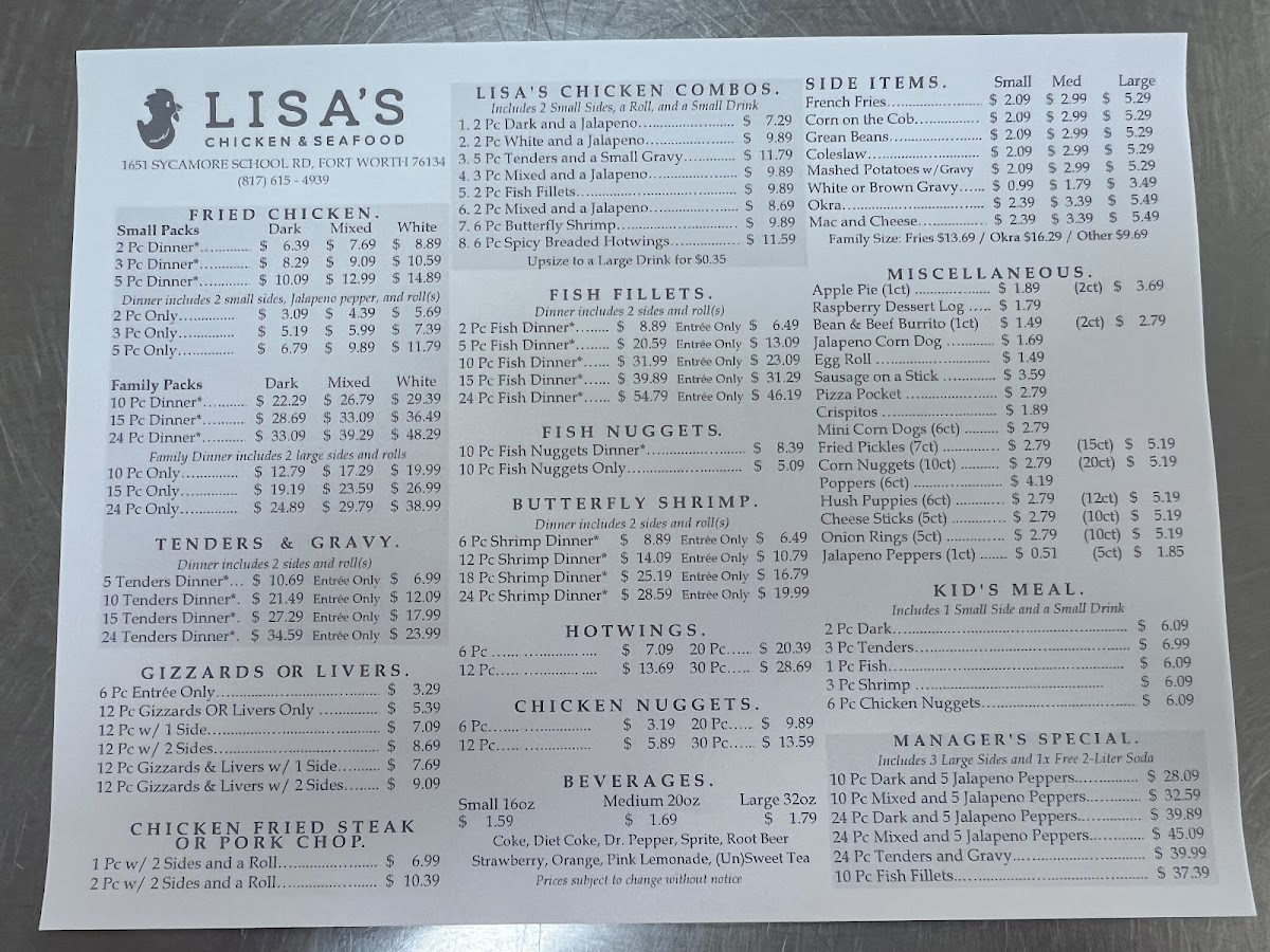 Lisa's Chicken menu board