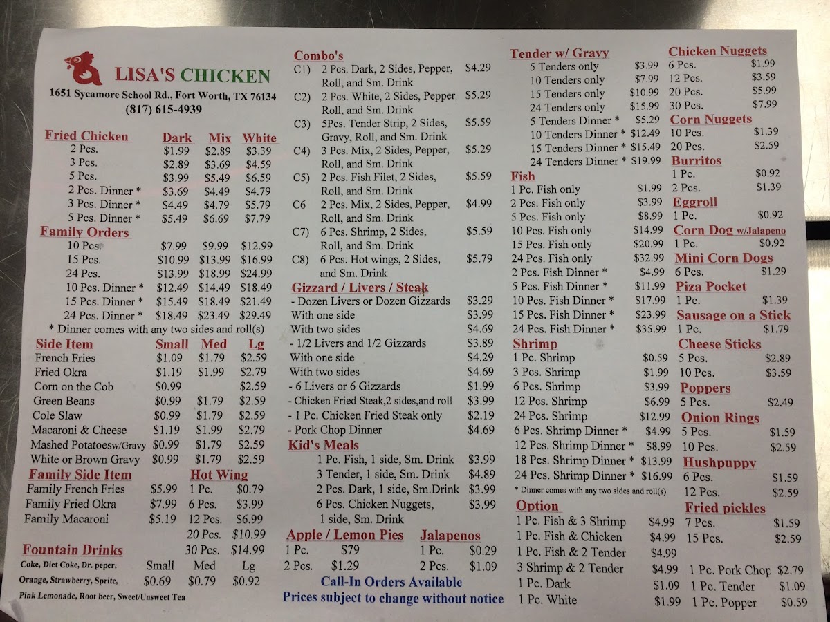 Lisa's Chicken menu board