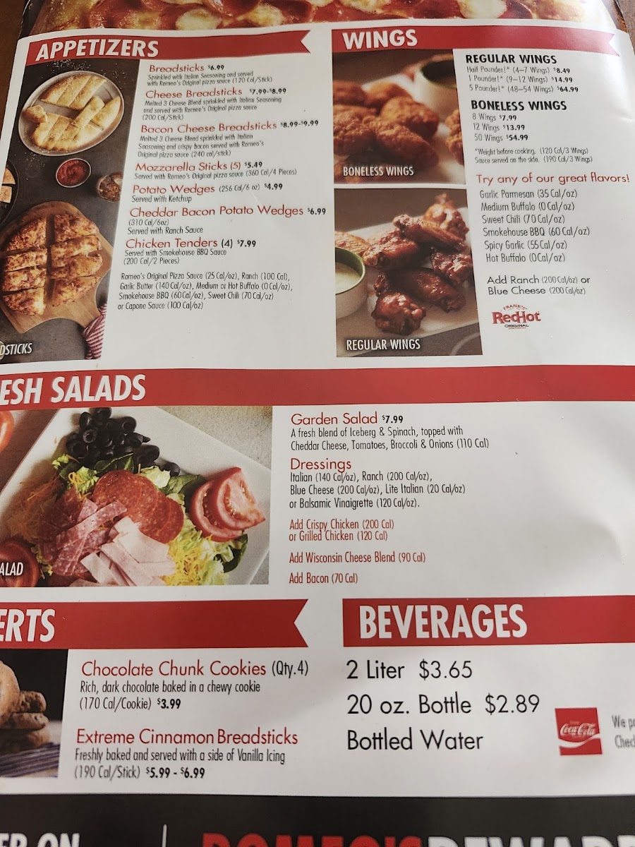 Romeo's Pizza menu board