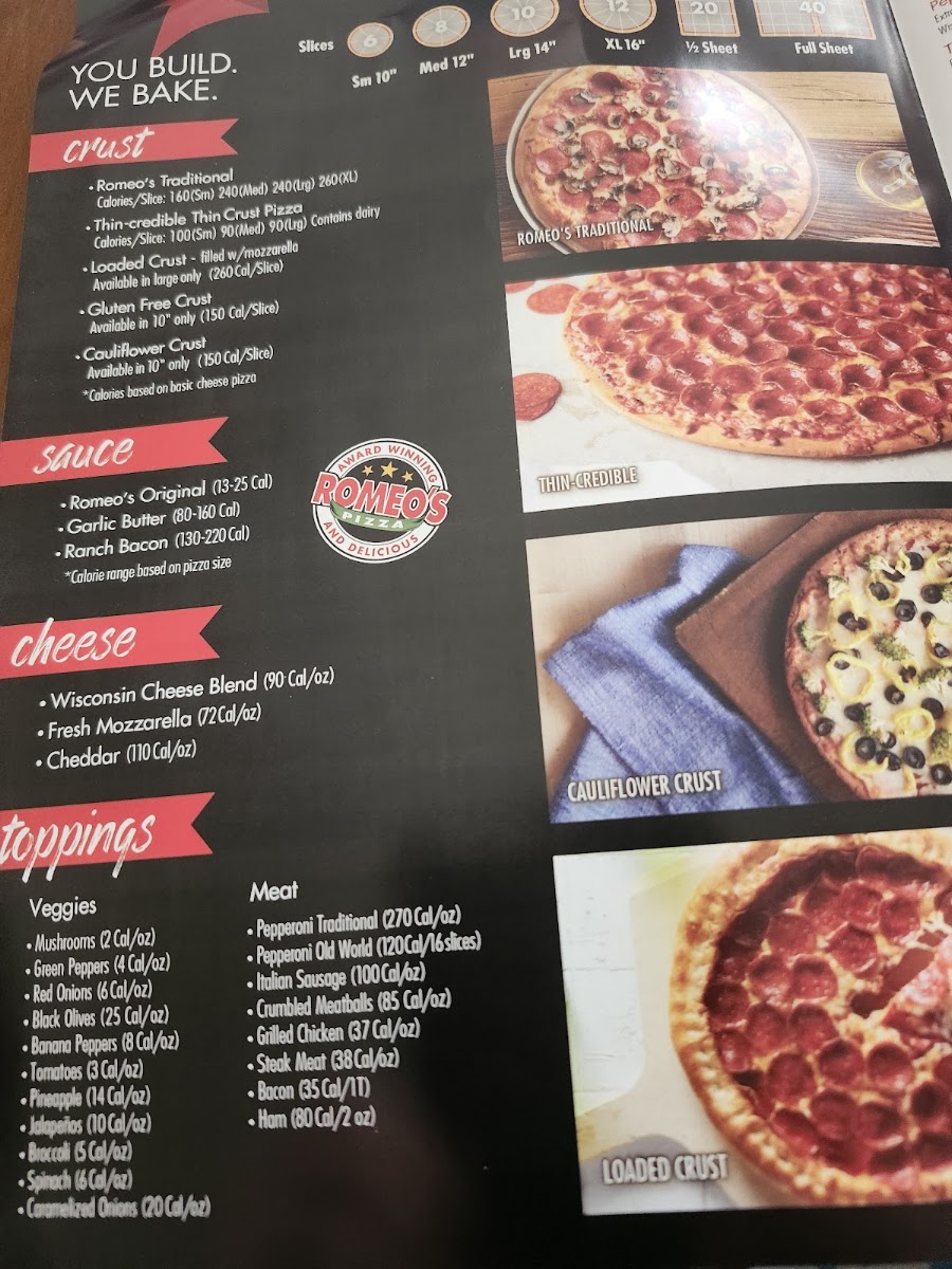 Romeo's Pizza menu board