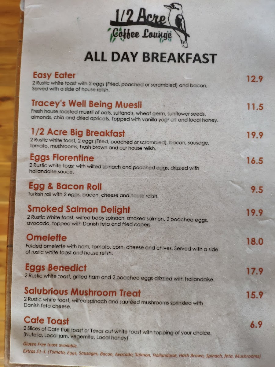 1/2 Acre Coffee Lounge Cafe menu board