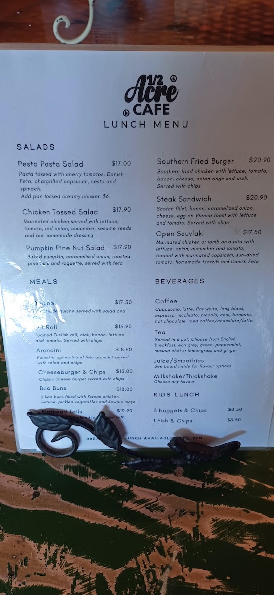 1/2 Acre Coffee Lounge Cafe menu board
