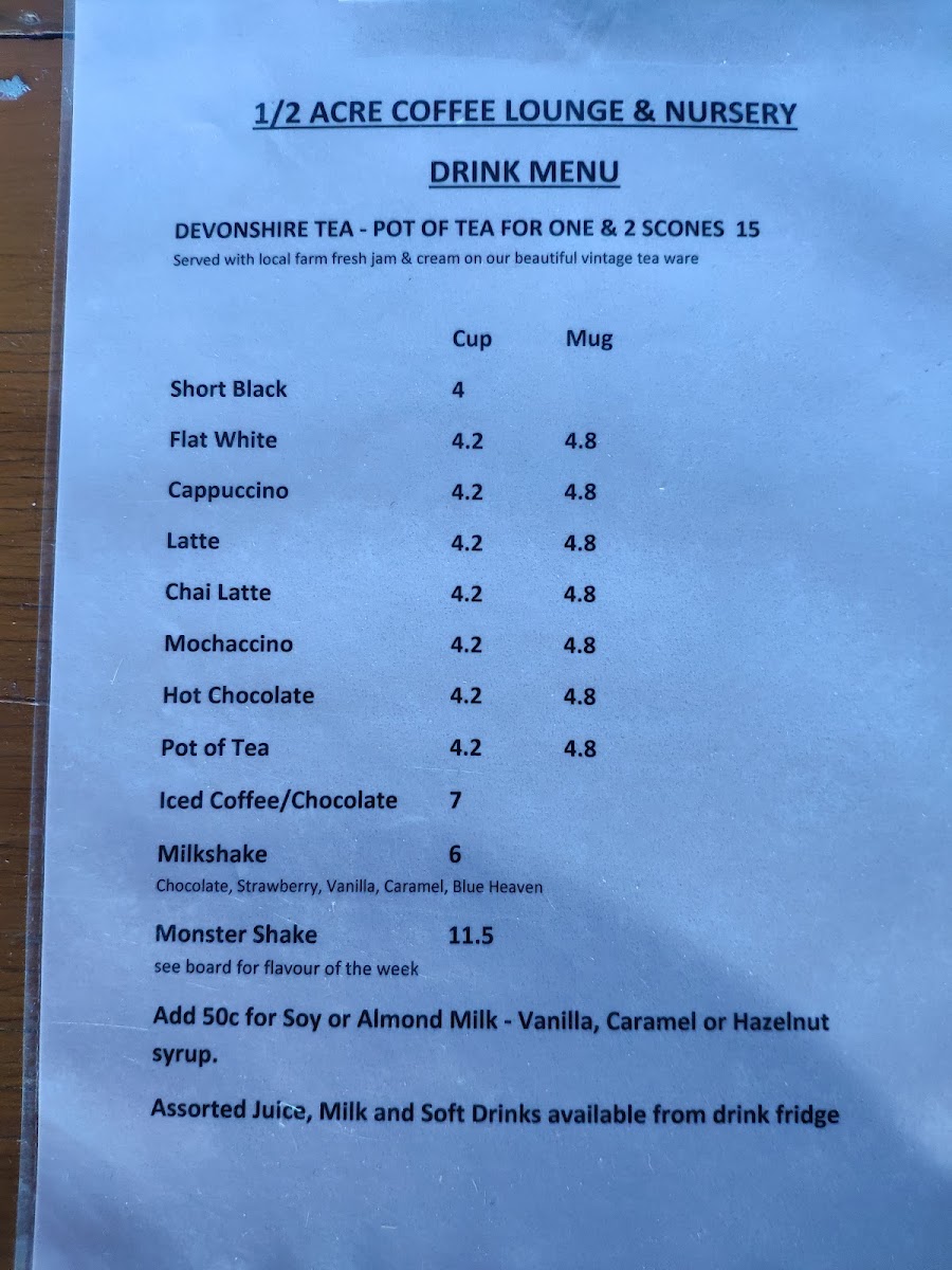 1/2 Acre Coffee Lounge Cafe menu board