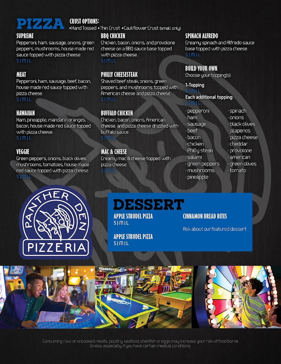 Panther Den Pizzeria menu board