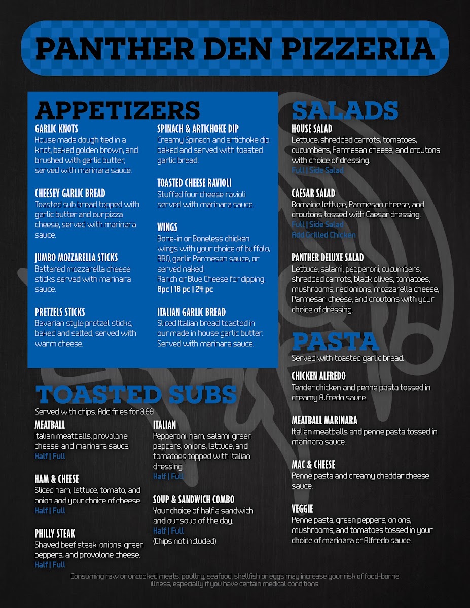 Panther Den Pizzeria menu board