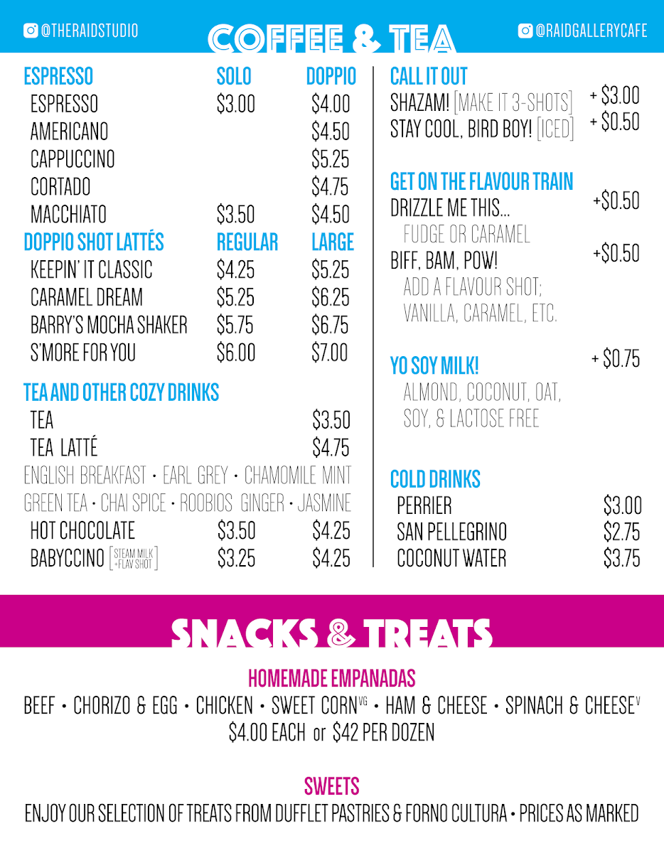 RAID Gallery & Cafe menu board