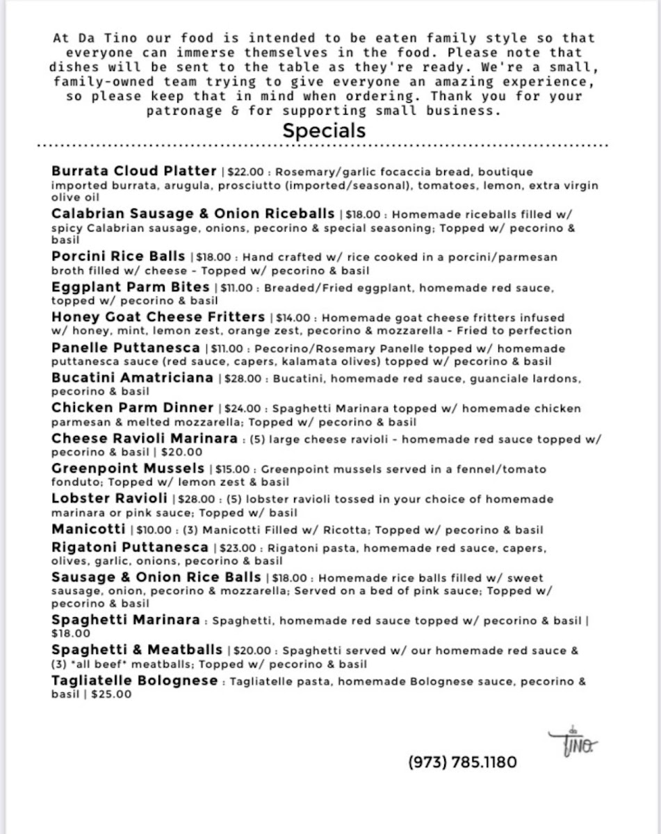 Da Tino. menu board