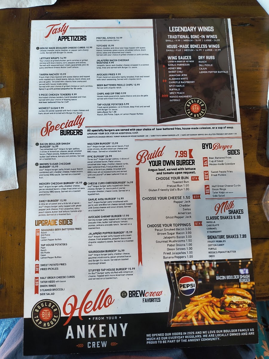 Boulder Tap House menu board