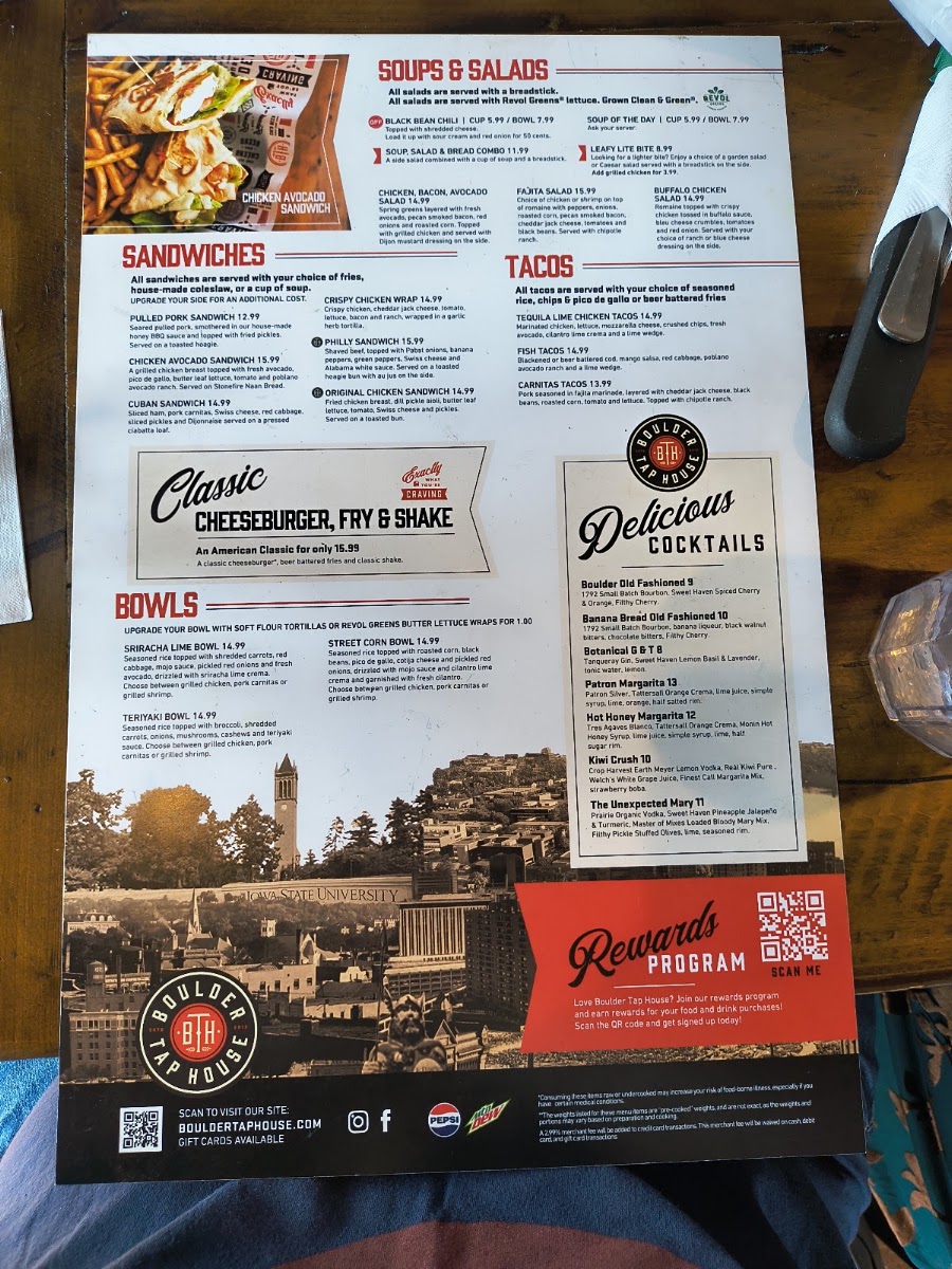Boulder Tap House menu board