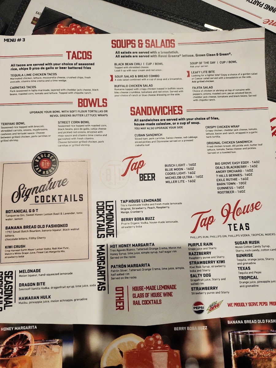 Boulder Tap House menu board