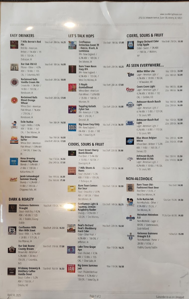 Boulder Tap House menu board