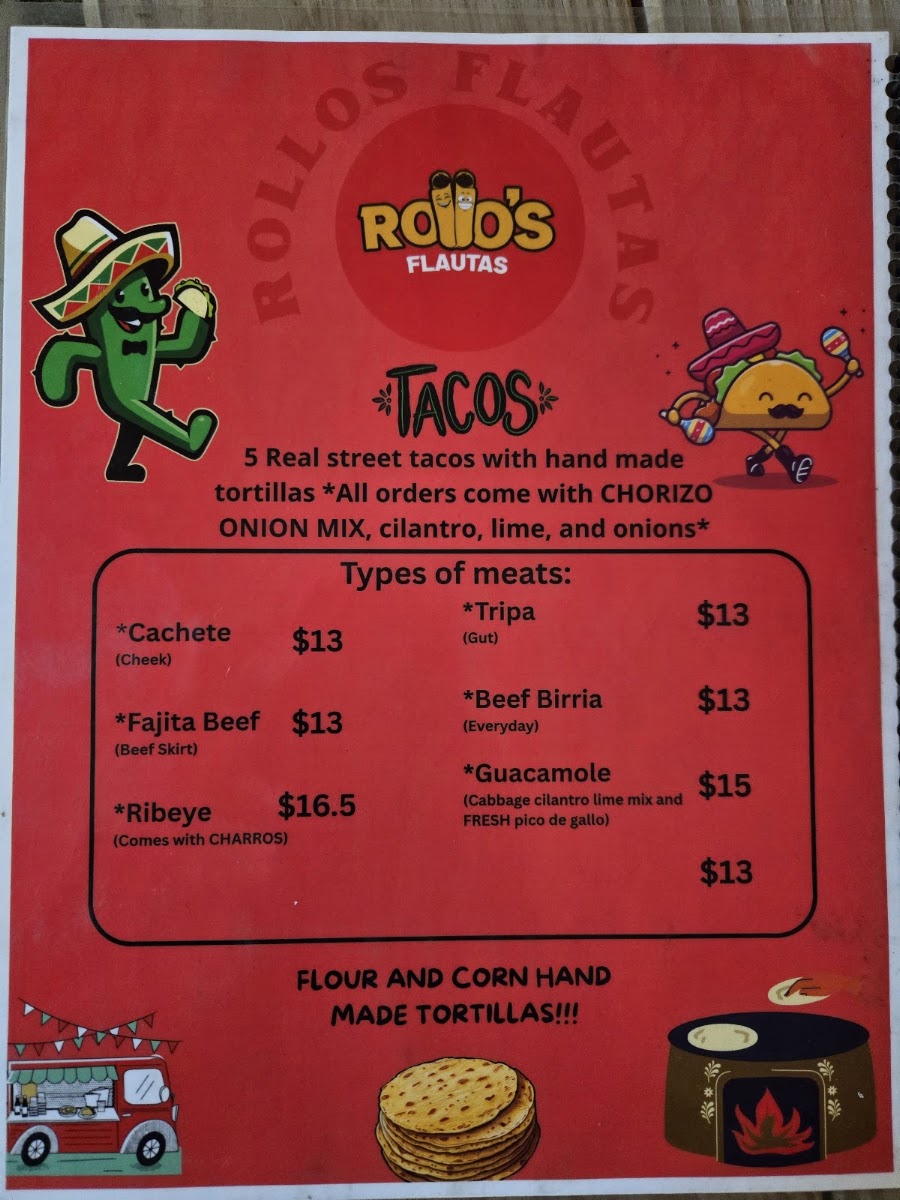 Rollo’s Flautas TX menu board