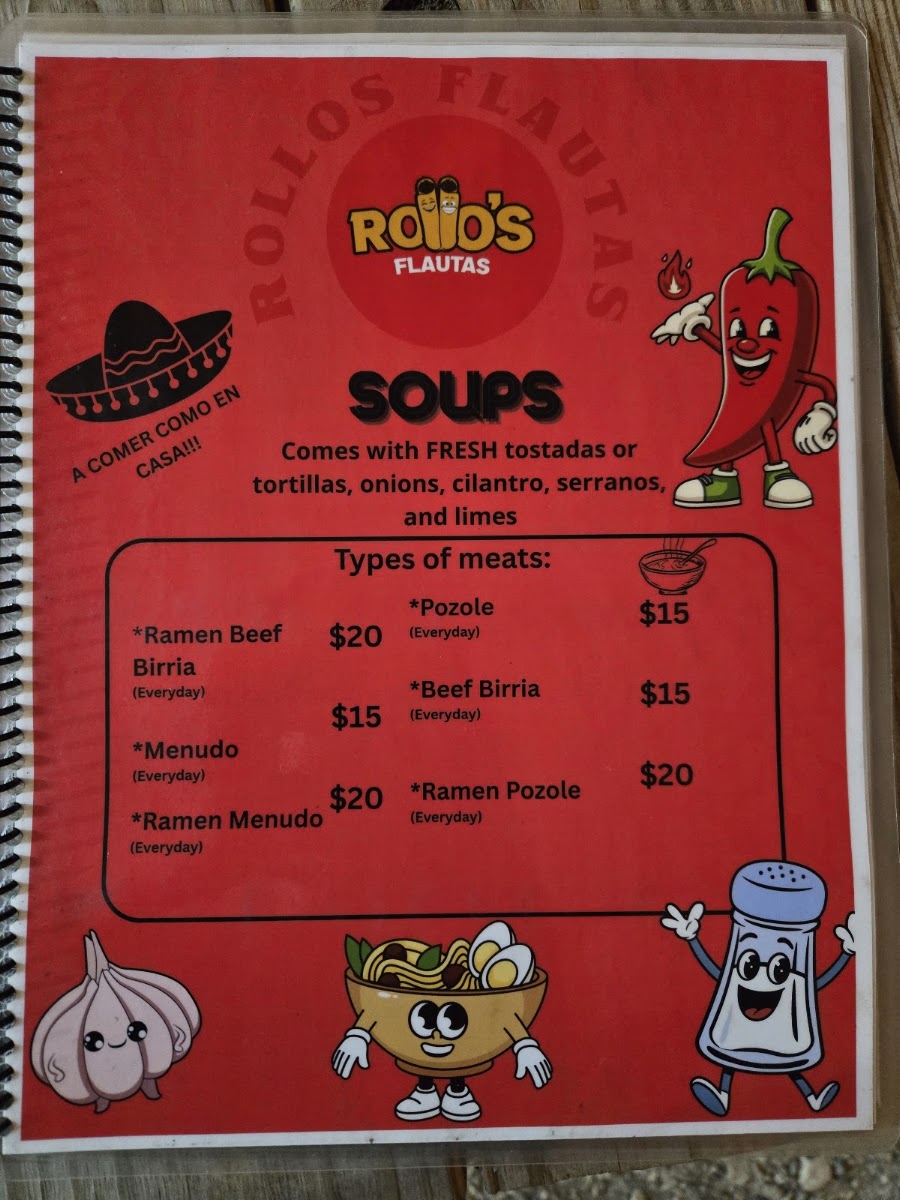 Rollo’s Flautas TX menu board