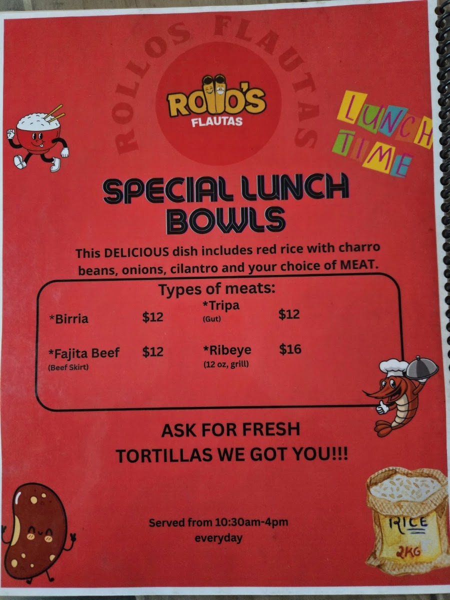 Rollo’s Flautas TX menu board
