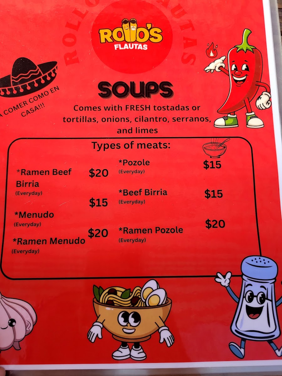 Rollo’s Flautas TX menu board