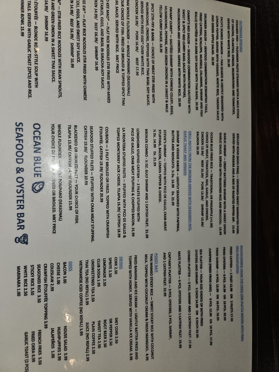 Ocean Blue Oyster Bar Kyle menu board