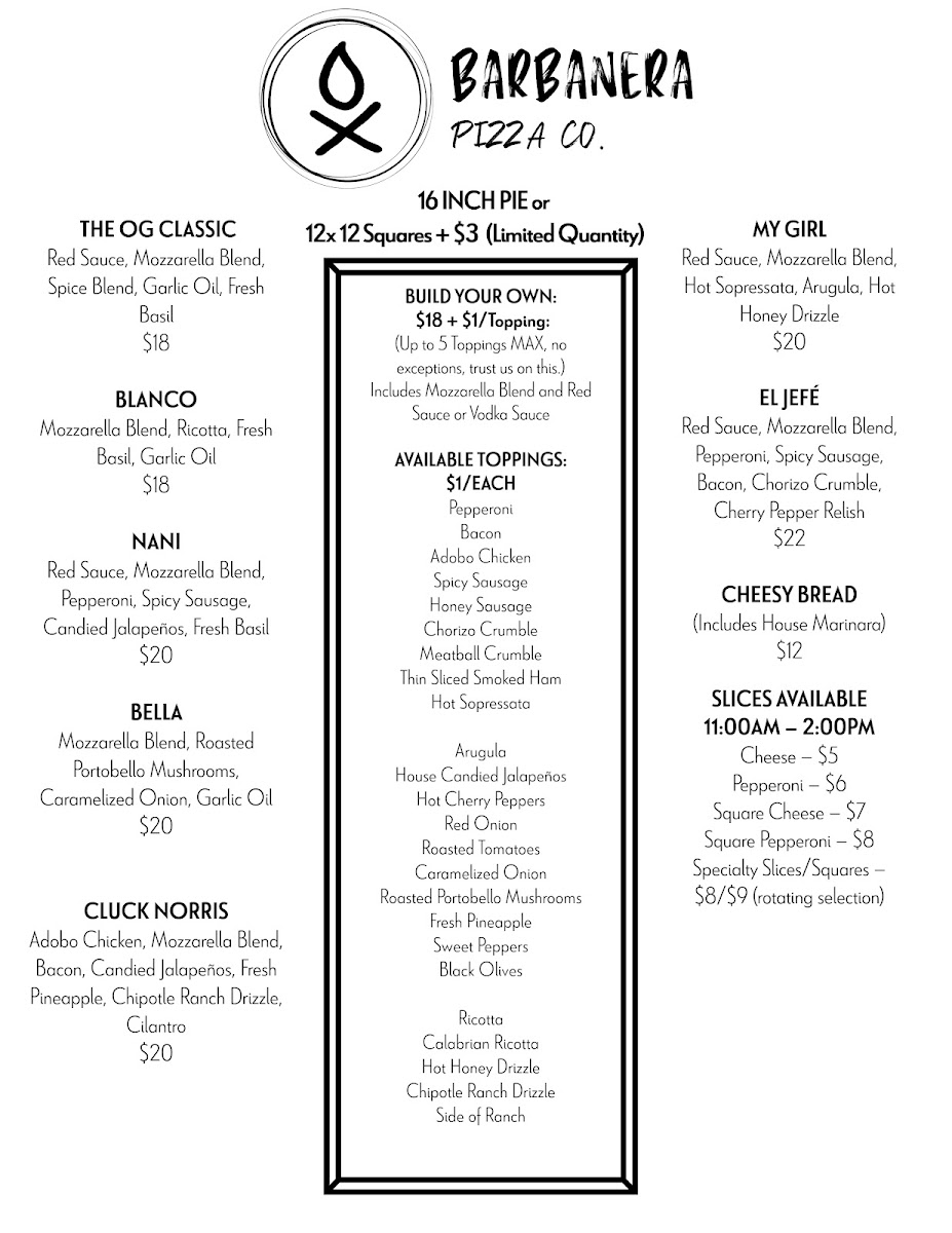 Barbanera Pizza Co. menu board