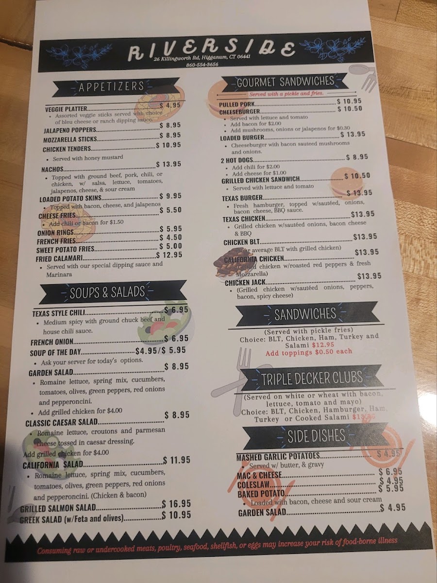 Riverside Bar & Grill menu board