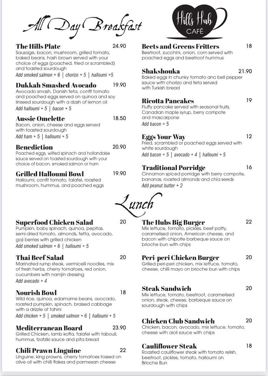The Hills Hub Cafe menu board