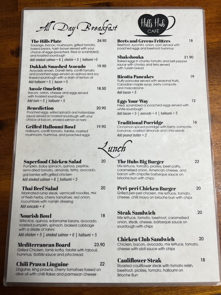 The Hills Hub Cafe menu board