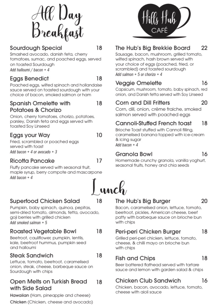 The Hills Hub Cafe menu board