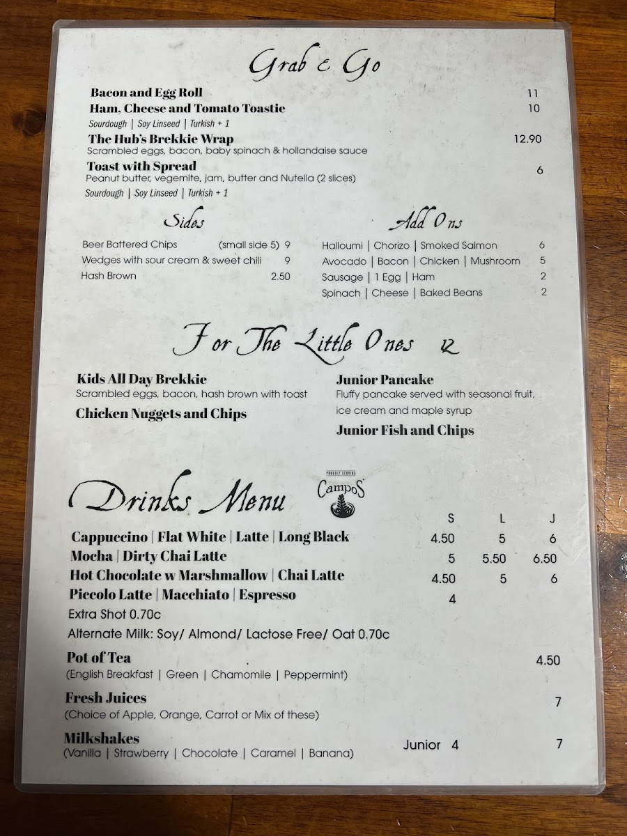 The Hills Hub Cafe menu board