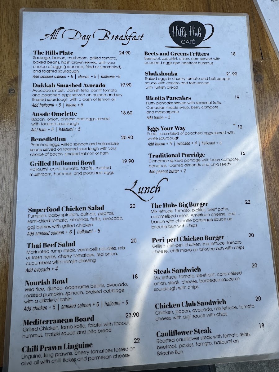 The Hills Hub Cafe menu board