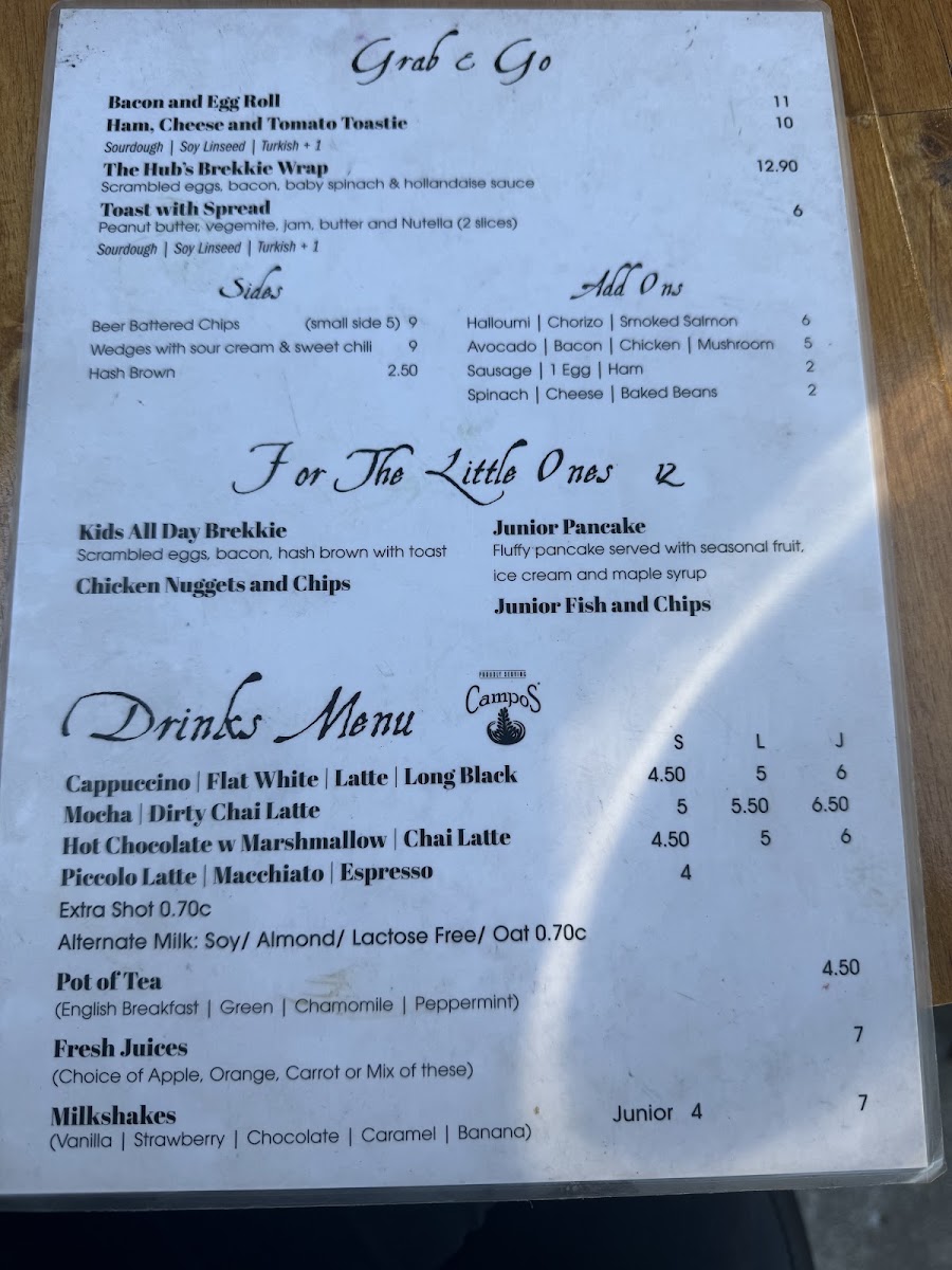 The Hills Hub Cafe menu board