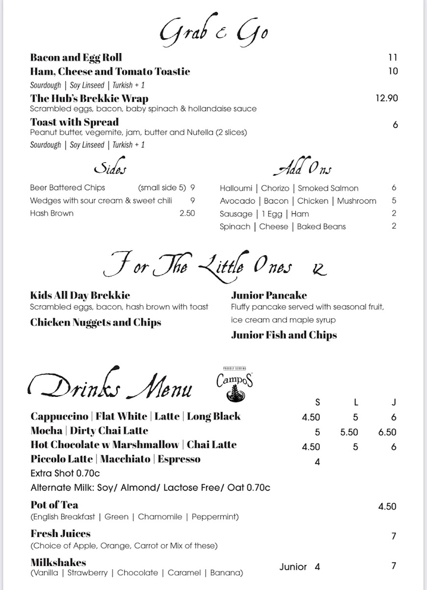 The Hills Hub Cafe menu board