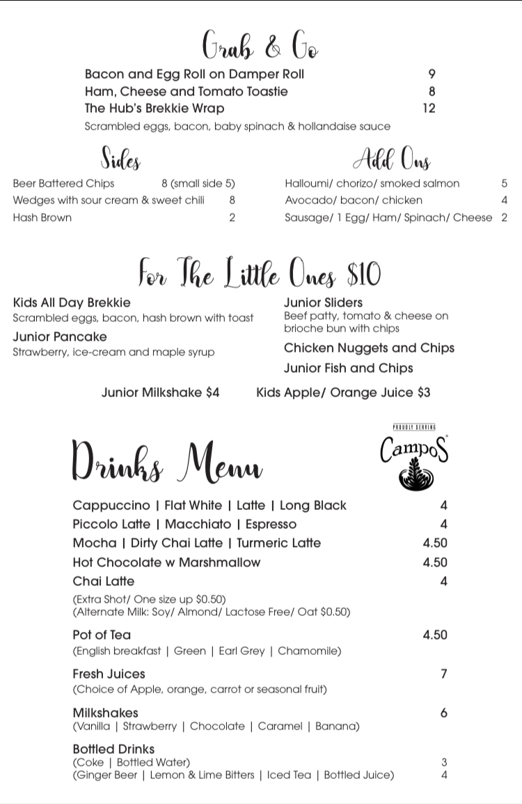 The Hills Hub Cafe menu board