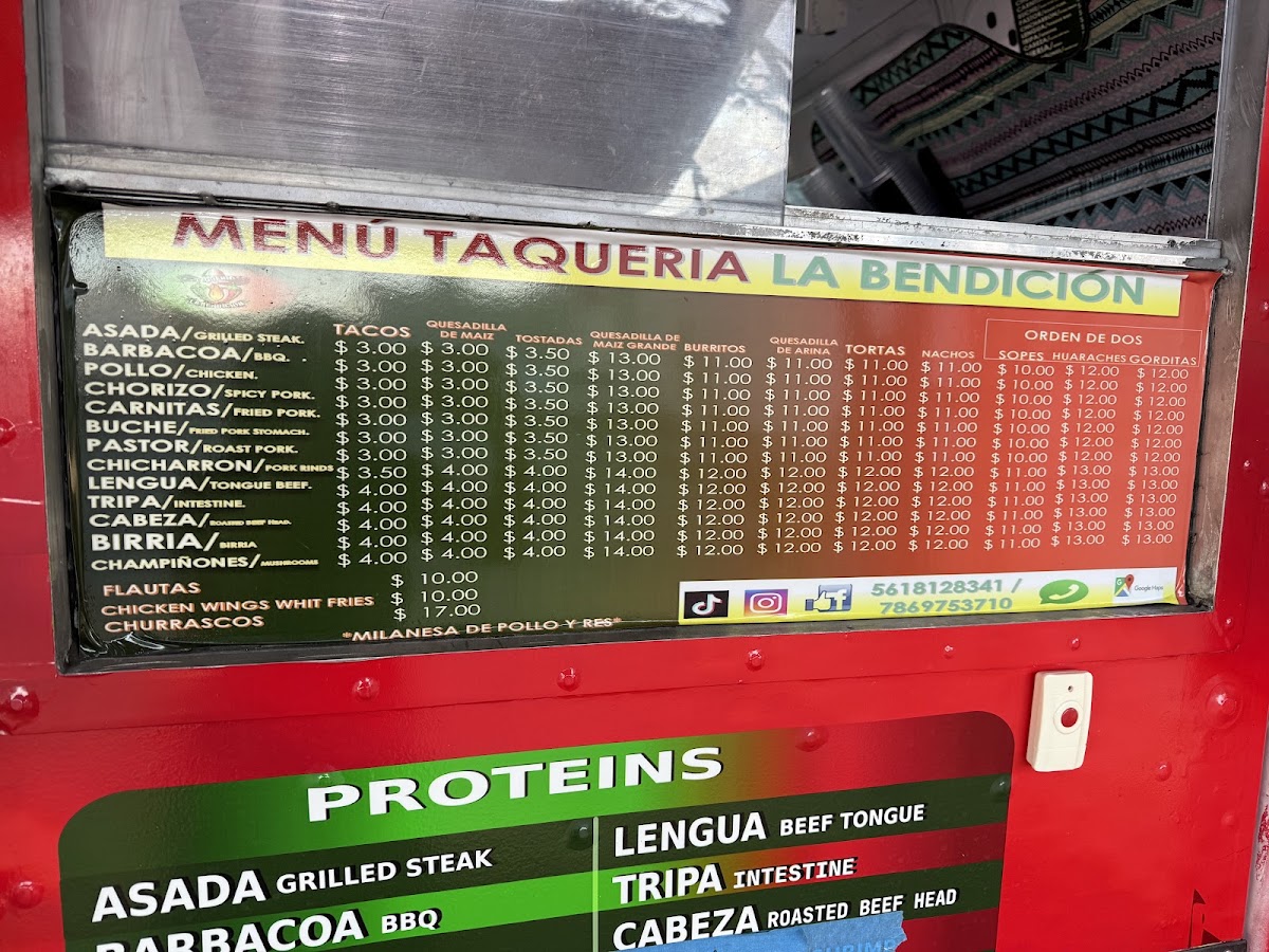 Taqueria La Bendicion Taco Truck menu board