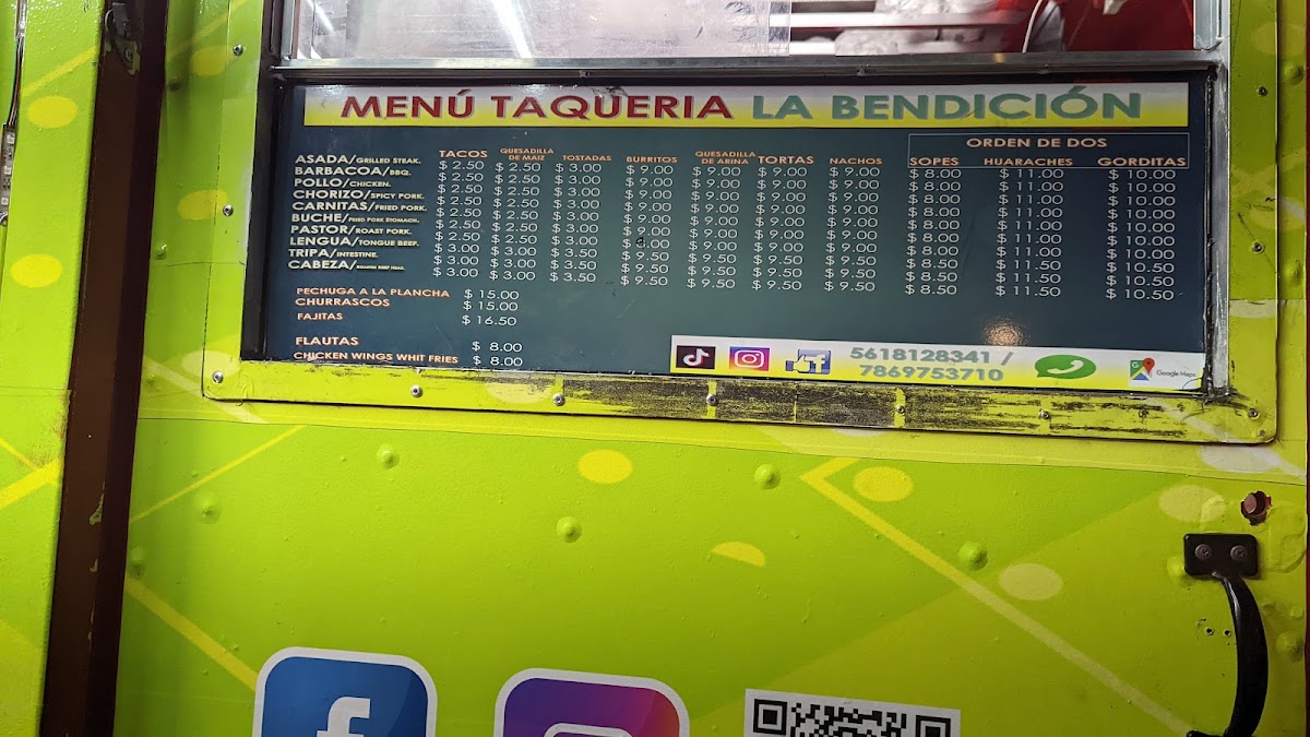 Taqueria La Bendicion Taco Truck menu board