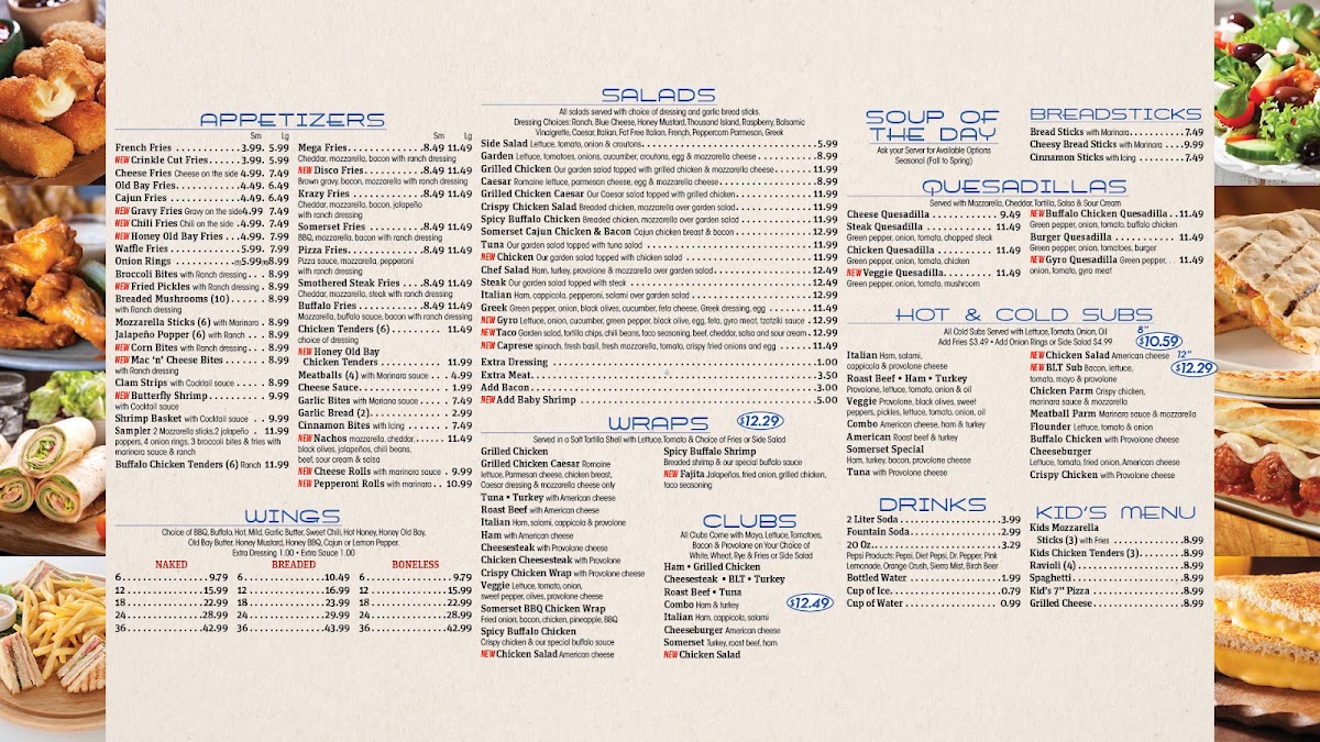 Somerset Pizza menu board