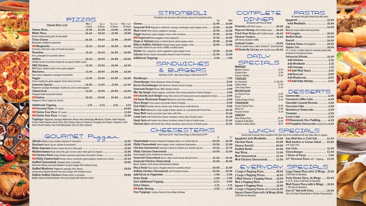 Somerset Pizza menu board
