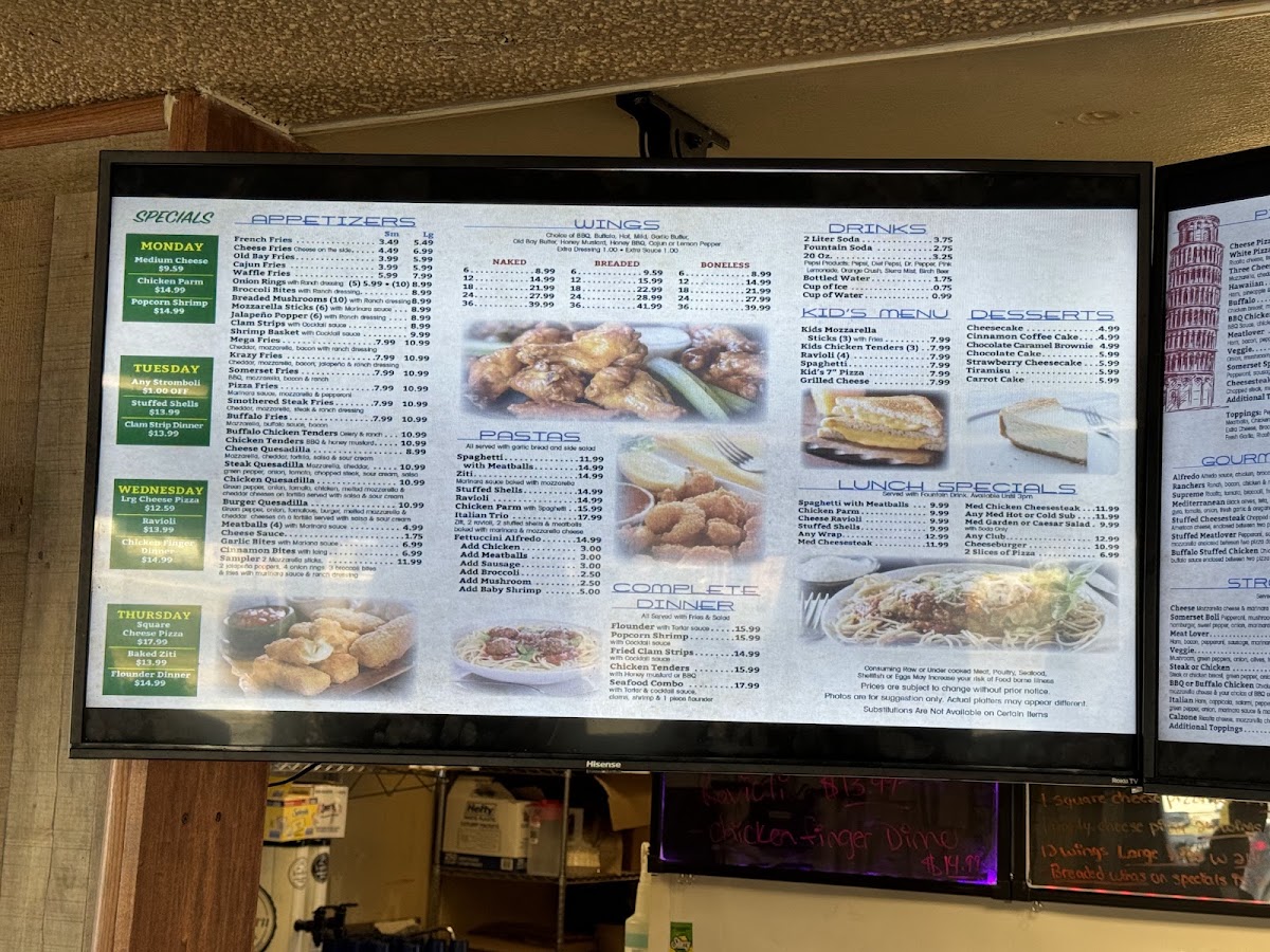 Somerset Pizza menu board