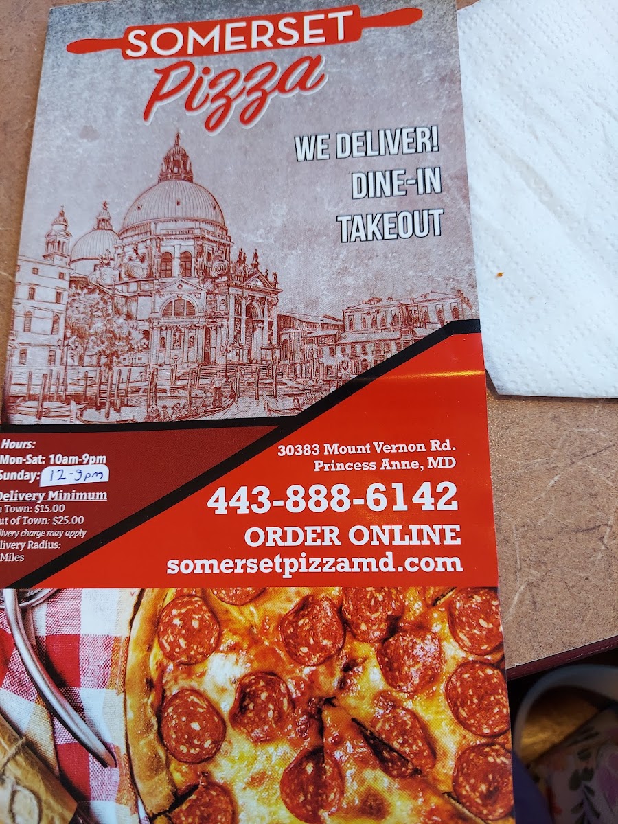 Somerset Pizza menu board