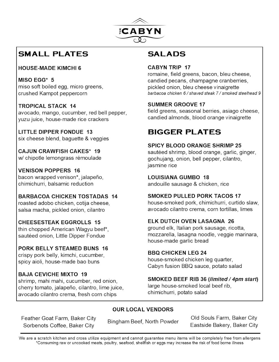 The Cabyn Cocktail Bar & Kitchen menu board